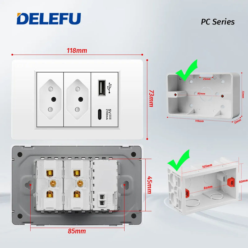 DELEFU-Tomada Interruptor Com Usb Parede 110/220v Padrão 4x2 Carrega Turbo Cor Branca