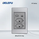 DELEFU Cinza Painel PC Brasil Standard Outlet Duplo USB Tipo C Parede Power Sock