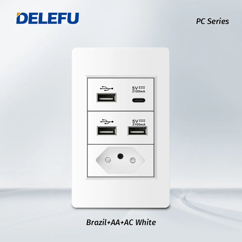DELEFU-Tomada Interruptor Com Usb Parede 110/220v Padrão 4x2 Carrega Turbo Cor Branca