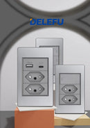 DELEFU Cinza Painel PC Brasil Standard Outlet Duplo USB Tipo C Parede Power Sock