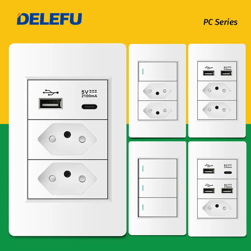 DELEFU-Tomada Interruptor Com Usb Parede 110/220v Padrão 4x2 Carrega Turbo Cor Branca