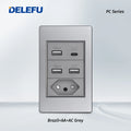 DELEFU Cinza Painel PC Brasil Standard Outlet Duplo USB Tipo C Parede Power Sock