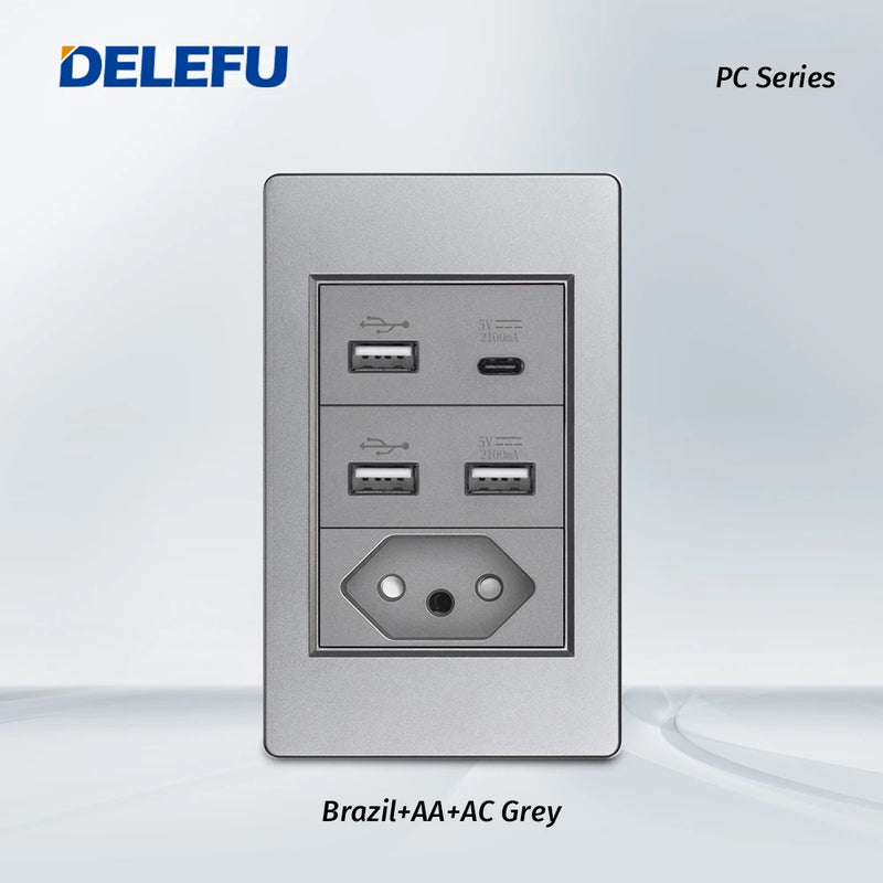 DELEFU Cinza Painel PC Brasil Standard Outlet Duplo USB Tipo C Parede Power Sock
