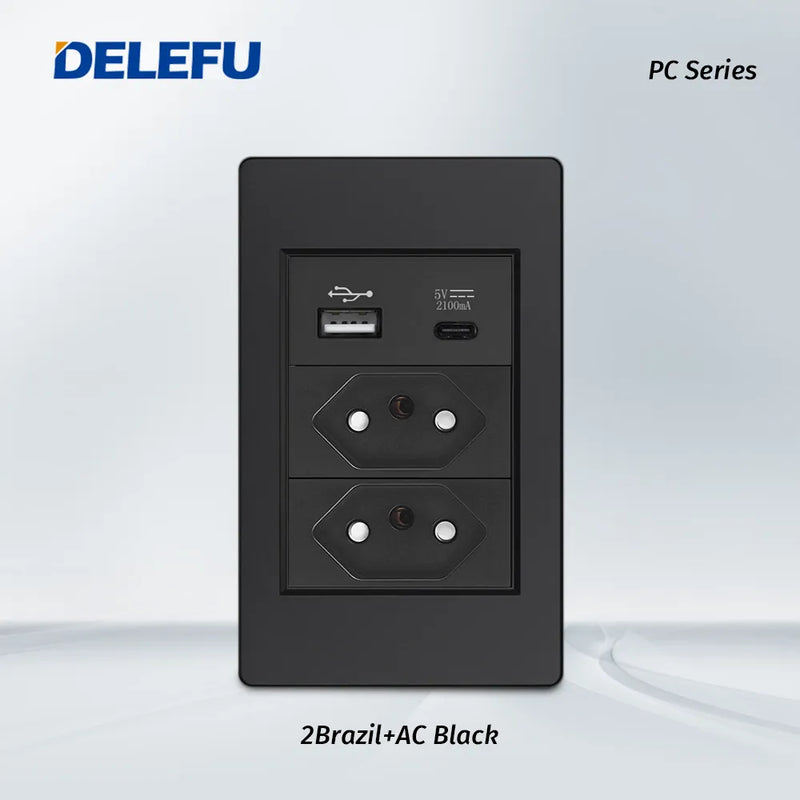 DELEFU Painel PC Fireproof Duplo USB Tipo C Carga Brasil Tomada Padrão Parede P